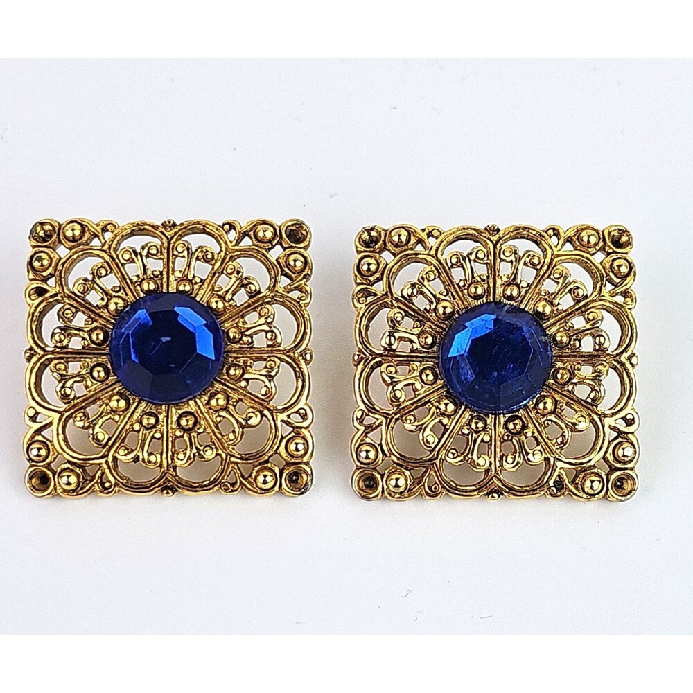 Vintage Gold Tone Square Filigree Earrings Post Blue Acrylic Center 1.25 in